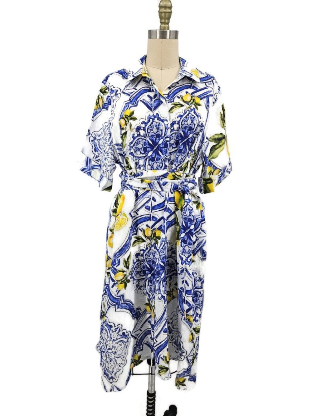 Sartoria Saracena Lemon Print Linen Dress Womens M? Midi Tie Belt